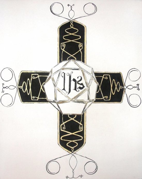 ihs jesuit symbol, black and gold cross, bishop kicanas, gerald f. kicanas, gouache on paper