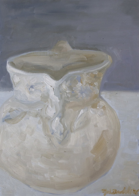 Greek vase, ancient ceramics, oil on wood, white painting, blue painting